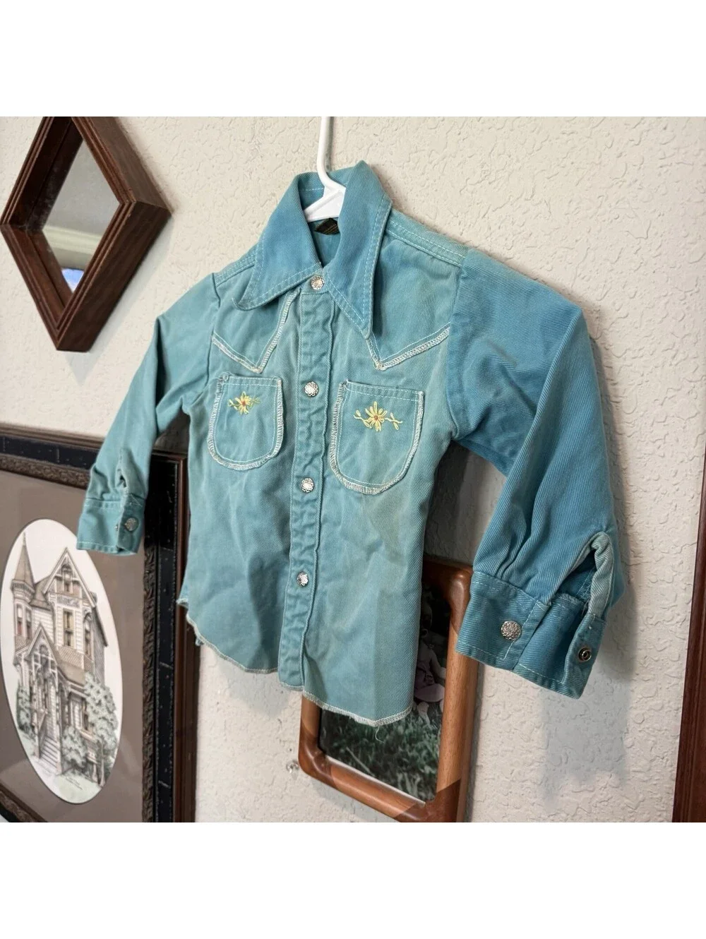 Vintage 70s RARE Blue Kids Mambro Embroidered Western Button Shirt Size Kids 5